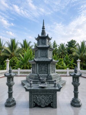 Tháp đá lục giác 3 tầng mái với hoa văn tâm linh