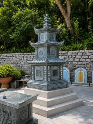 Tháp đá xanh Lục giác 3 tầng, trạm hoa văn đẹp