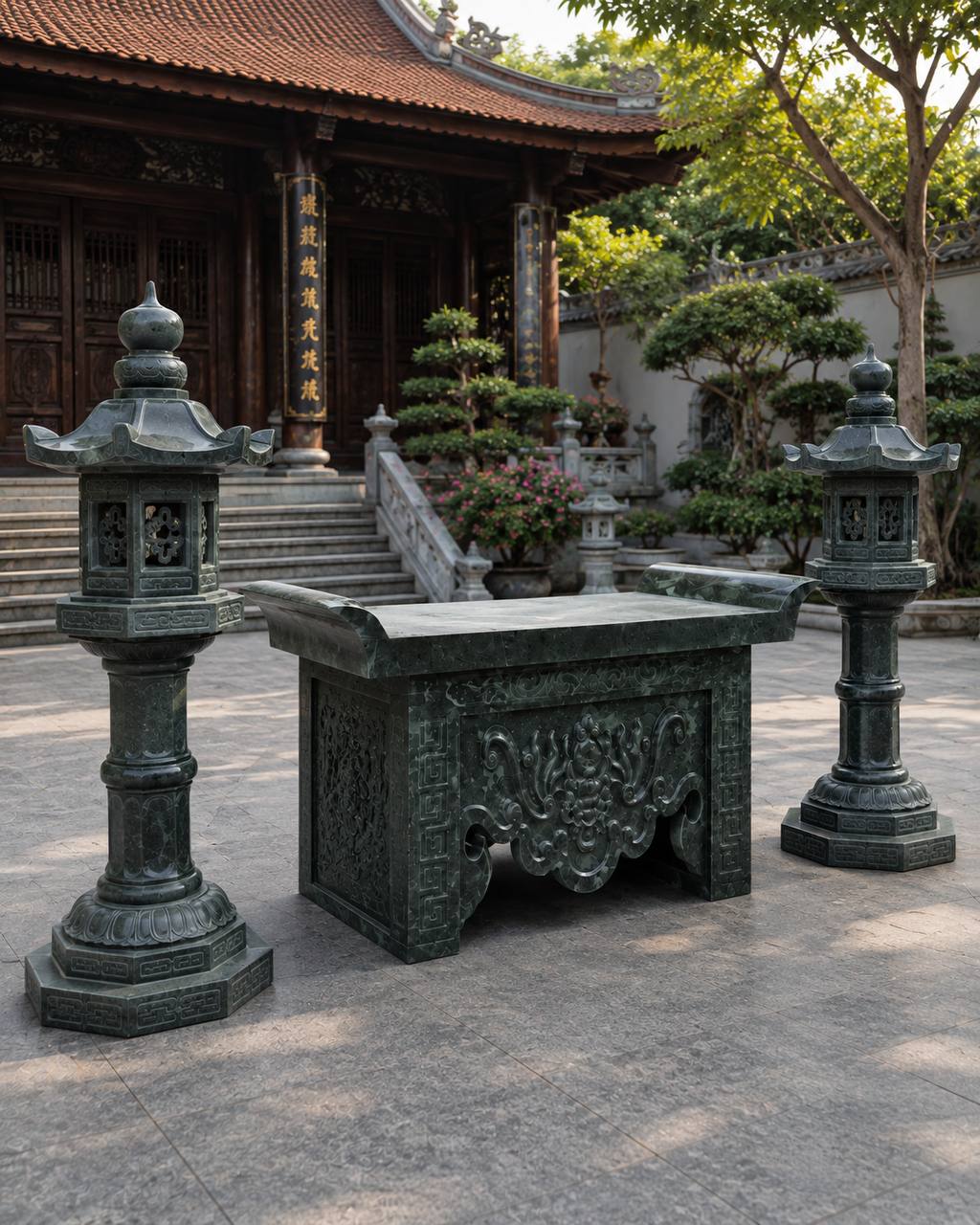 Bàn đá đá xanh rêu chạm khắc tinh sảo, kiểu dáng truyền thống, 127x60x75 cm Bàn đá đá xanh rêu, kích thước 127x60x75 cm, chạm khắc tinh sảo, dùng đặt đồ lễ ngoài trời - ảnh 1