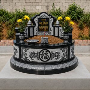 Mộ tròn đá nguyên khối granite Campuchia, chạm khắc sắc nét, kích thước 127x127x133 cm