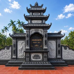 Lăng đá granite Campuchia nguyên khối, kiểu tam quan 3 tầng mái, khung thờ giữa rộng 1m47