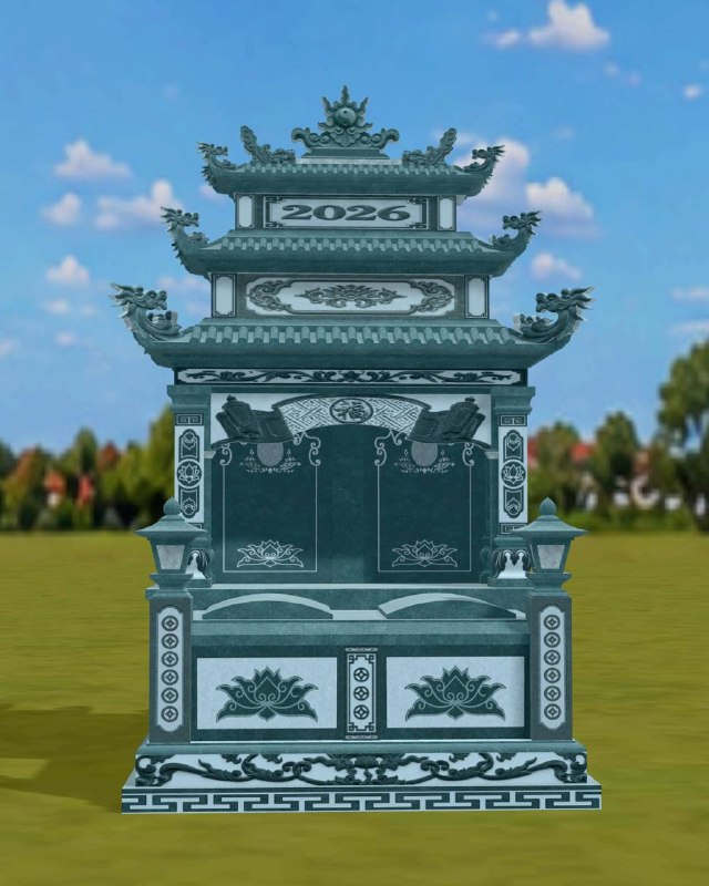 Mộ đôi đá nguyên khối đá xanh rêu, 3 tầng mái truyền thống, kiên cố vững chắc, 177 x 197 x 341 cm Mộ đôi đá nguyên khối bằng đá xanh rêu, kiểu 3 tầng mái truyền thống, kích thước 177x197x341 cm - ảnh 1