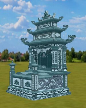 Mộ đôi đá nguyên khối đá xanh rêu, 3 tầng mái truyền thống, kiên cố vững chắc, 177 x 197 x 341 cm Mộ đôi đá nguyên khối bằng đá xanh rêu, kiểu 3 tầng mái truyền thống, kích thước 177x197x341 cm