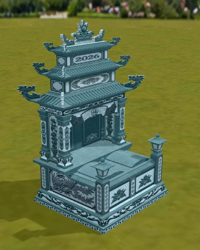 Mộ đôi đá nguyên khối đá xanh rêu, 3 tầng mái truyền thống, kiên cố vững chắc, 177 x 197 x 341 cm Mộ đôi đá nguyên khối bằng đá xanh rêu, kiểu 3 tầng mái truyền thống, kích thước 177x197x341 cm - ảnh 3