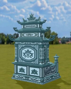 Mộ đôi đá nguyên khối đá xanh rêu, 3 tầng mái truyền thống, kiên cố vững chắc, 177 x 197 x 341 cm Mộ đôi đá nguyên khối bằng đá xanh rêu, kiểu 3 tầng mái truyền thống, kích thước 177x197x341 cm