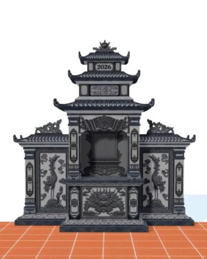 Lăng đá nguyên khối bằng đá xanh đen, mái đao nhiều tầng, chạm rồng và hoa sen