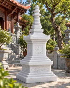 Tháp đá lưu hũ cốt đá granite Campuchia, tháp đá nguyên khối 75x75x167 cm Tháp đá trắng lưu hũ cốt bằng đá granite Campuchia, kích thước 75x75x167 cm